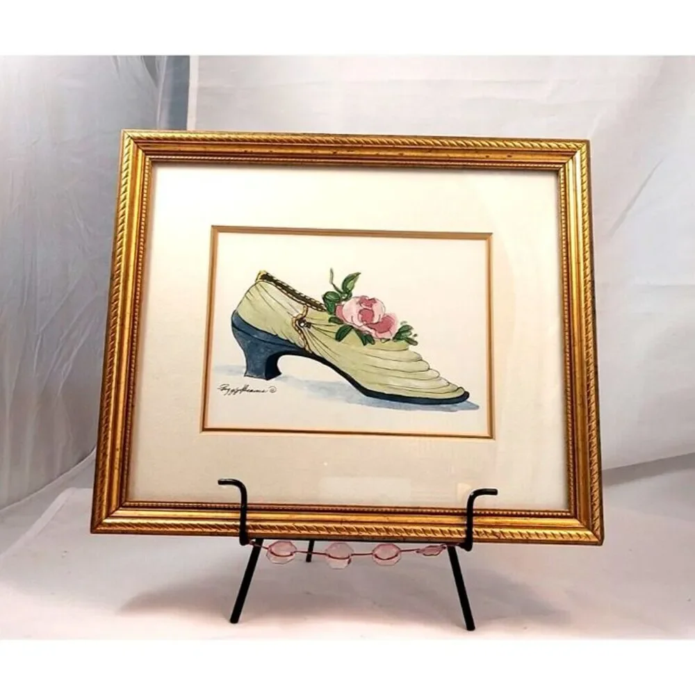 Peggy Abrams Watercolor Victorian Shoes Set of 2 Signed and Framed